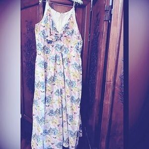 EShakti NWOT Hummingbirds Cotton Maxi Dress 18w pink blue yellow, pockets, lined